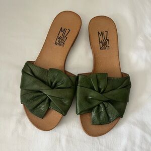 Miz Mooz Olive Green Leather Knot Slide Sandals